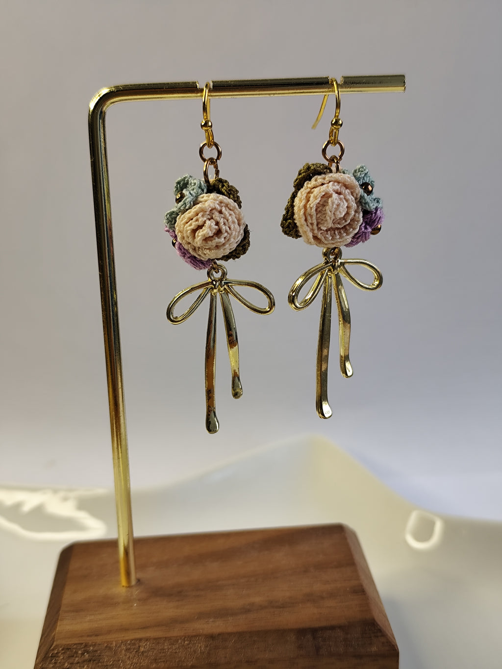 Rose mixed small flowers dangled earrings with gold colored elegant bow | Valentine's Day gift for her | dainty micro crochet earrings