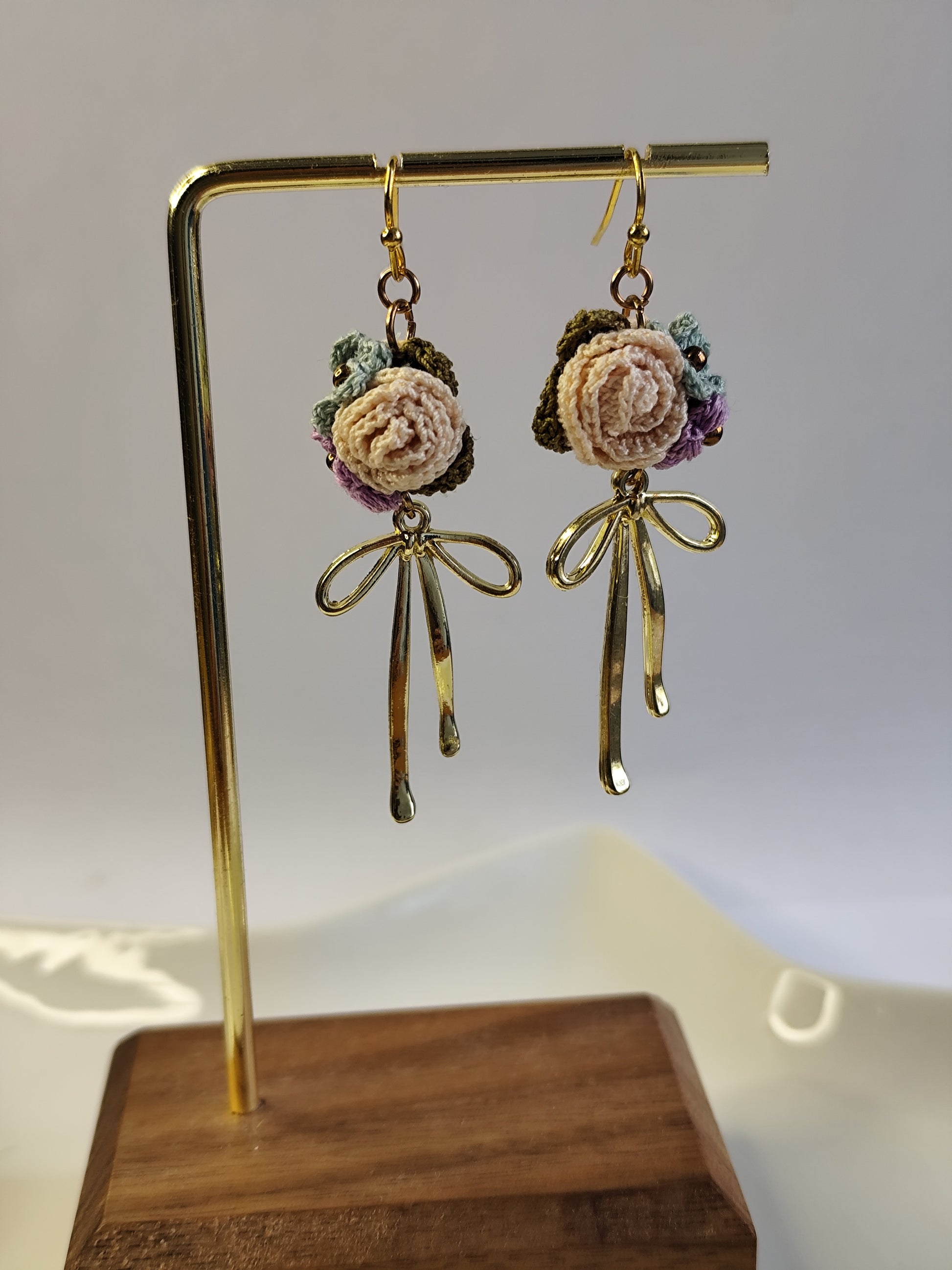 Rose mixed small flowers dangled earrings with gold colored elegant bow | Valentine's Day gift for her | dainty micro crochet earrings