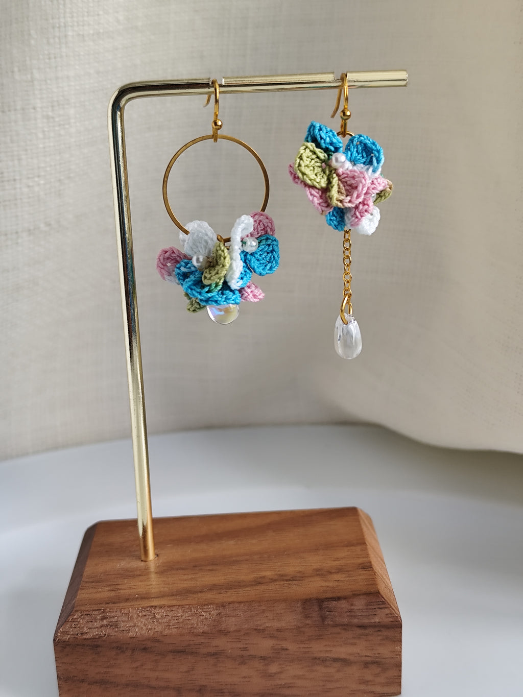 Asymmetrical hydrangea flower micro crochet earrings