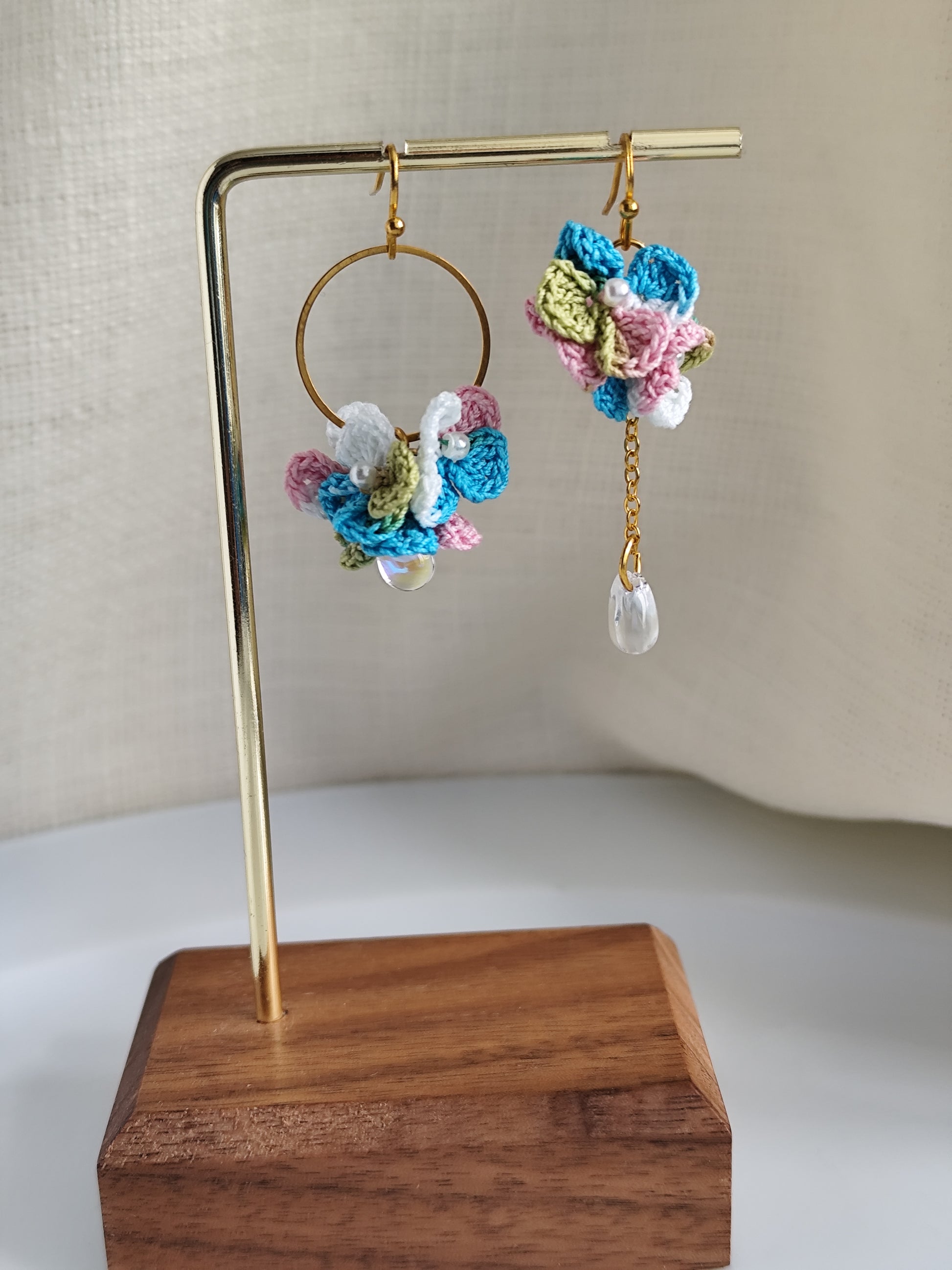 Asymmetrical hydrangea flower micro crochet earrings