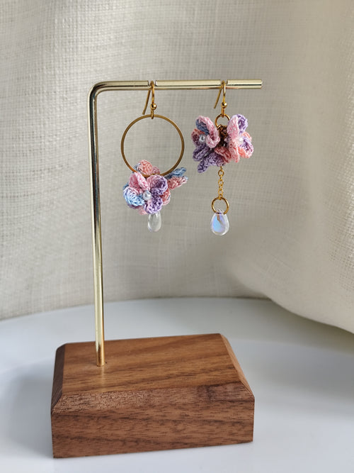 Asymmetrical hydrangea flower micro crochet earrings