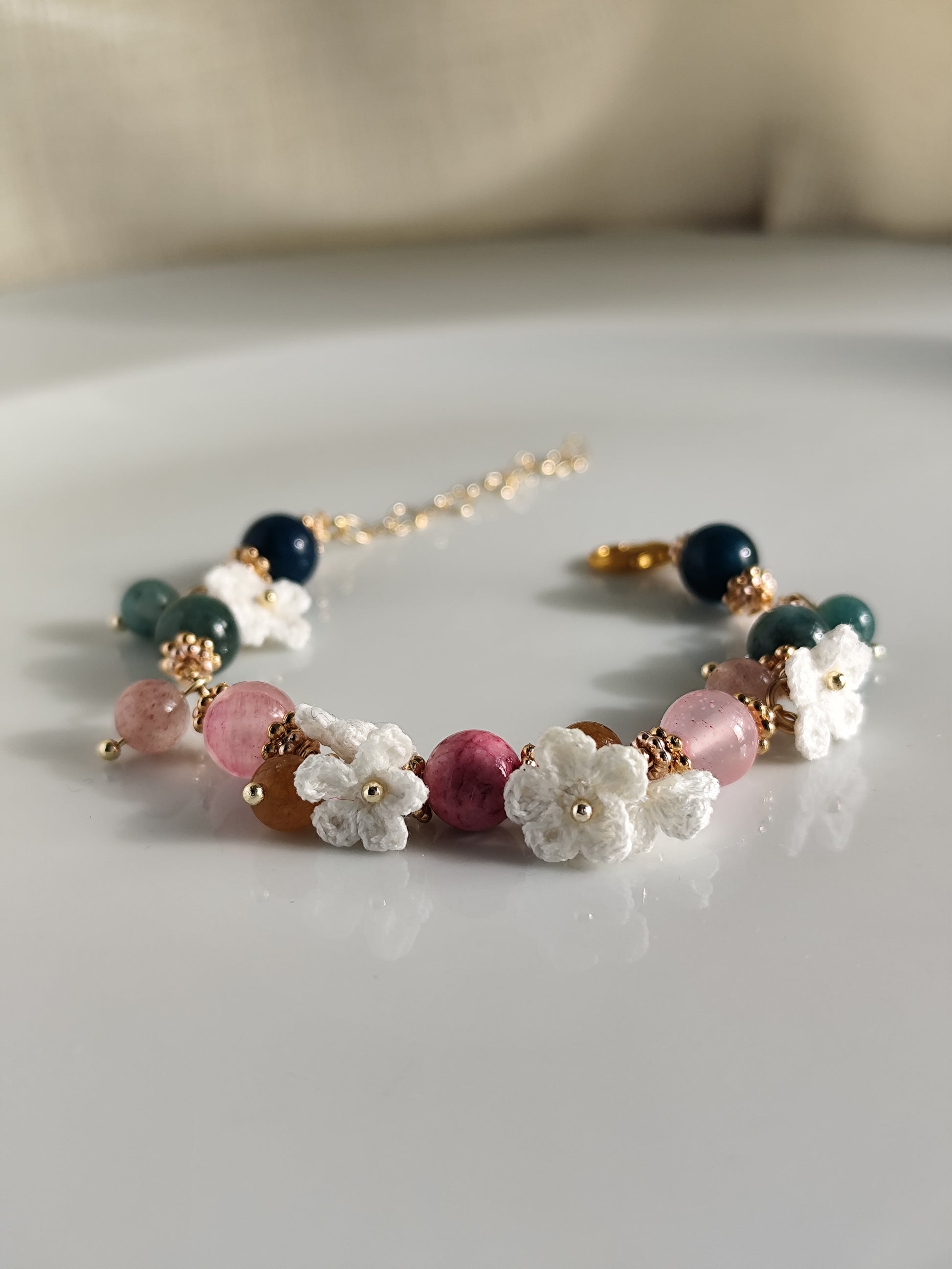 Elowen | Handmade gemstone flower bracelets | Delicate crochet flower jewelry | Elegant gift for her | Romantic boho accessories