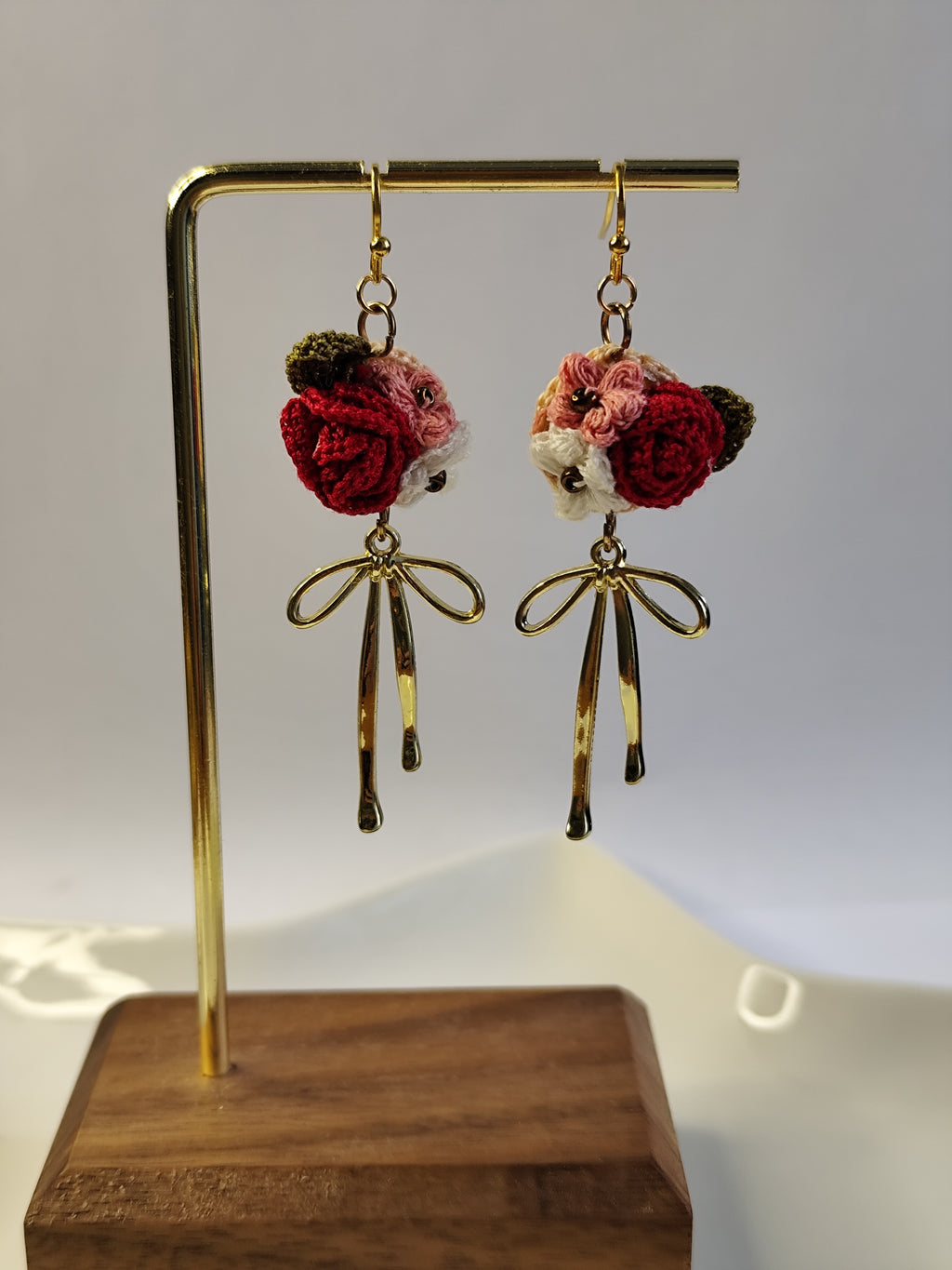 Rose mixed small flowers dangled earrings with gold colored elegant bow | Valentine's Day gift for her | dainty micro crochet earrings
