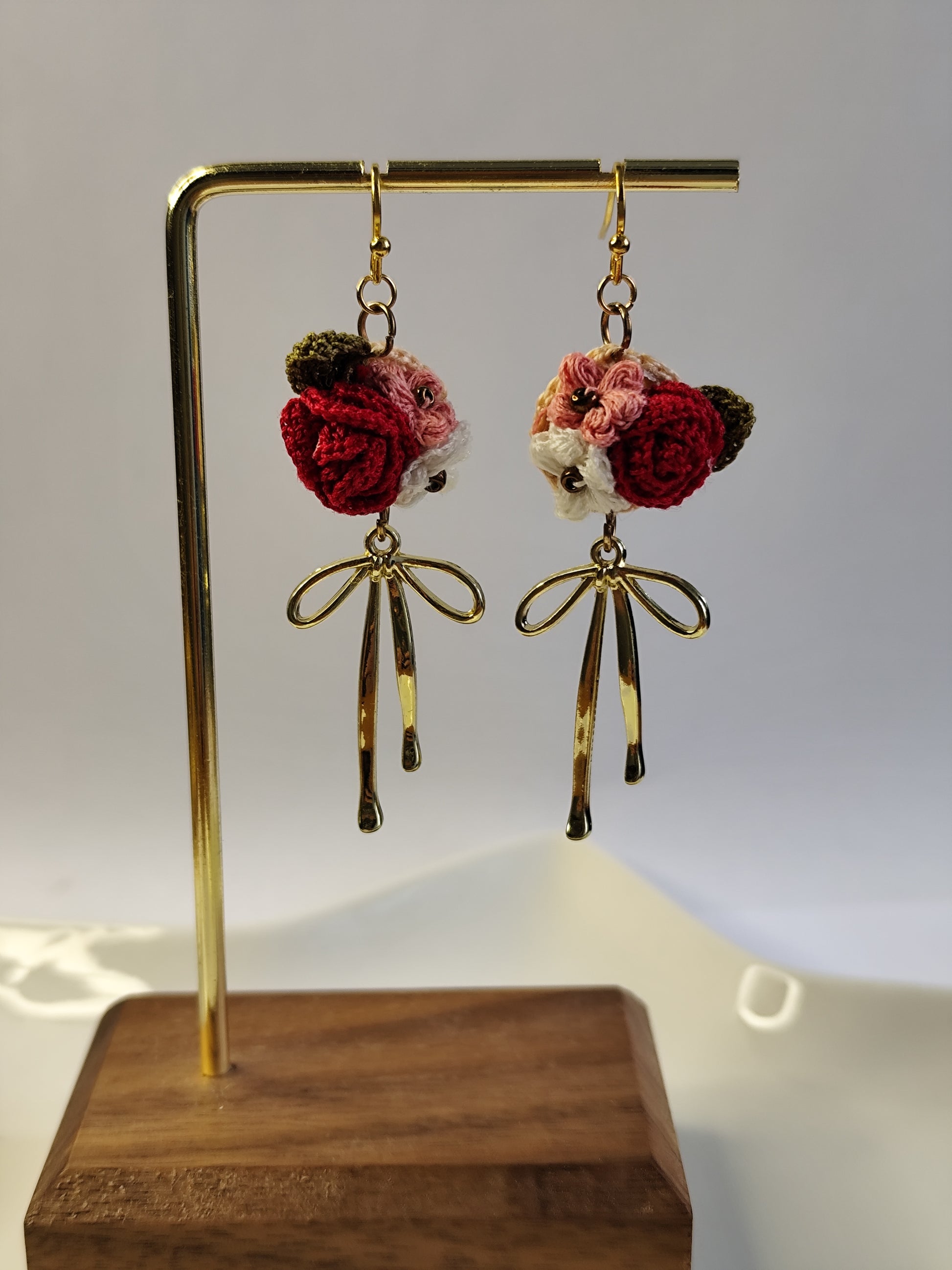 Rose mixed small flowers dangled earrings with gold colored elegant bow | Valentine's Day gift for her | dainty micro crochet earrings