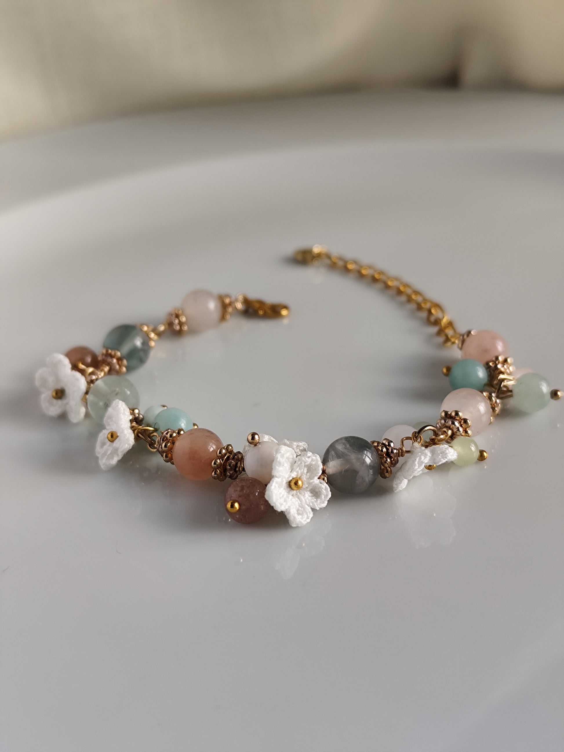 Aurelia | Handmade micro crochet flower gemstone bracelet