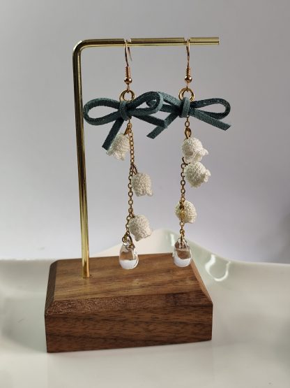 Lily of the Valley Earrings | Handmade Crochet Dangle Earrings with Leather Bow | Elegant Spring-Inspired Jewelry