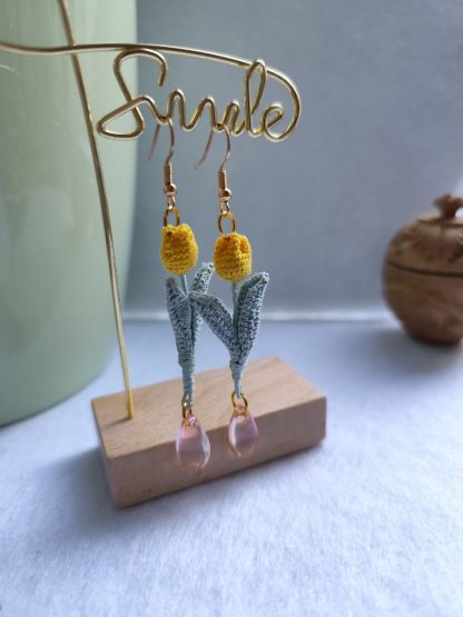 Tulip Plant Earrings | Handmade Crochet Tulip Dangle Earrings with Glass Beads | Whimsical Floral Statement Jewelry - Image 2