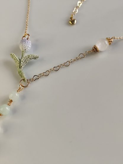 Hand-Dyed Tulip Necklace with Natural Stones | Delicate Crochet Flower Jewelry with Burmese Jade & Angola White Crystal - Image 4