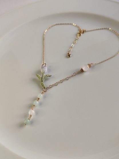 Hand-Dyed Tulip Necklace with Natural Stones | Delicate Crochet Flower Jewelry with Burmese Jade & Angola White Crystal
