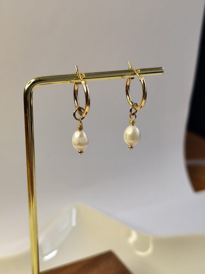 Dainty Gold Hoop Pearl Earrings | Minimalist Freshwater Pearl Jewelry | Handmade Elegant Gift
