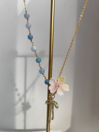 Blue Chalcedony Sakura Set | Handmade Crochet Flower Necklace & Bracelet Set with Chalcedony stones | Delicate Jewelry - Image 2