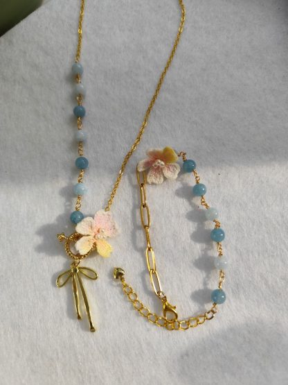 Blue Chalcedony Sakura Set | Handmade Crochet Flower Necklace & Bracelet Set with Chalcedony stones | Delicate Jewelry