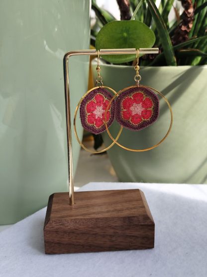 Soda in Spring earrings | Granny Square Hoop Earrings | Handmade Crochet Earrings in Gold Hoops | Retro Boho Statement Jewelry