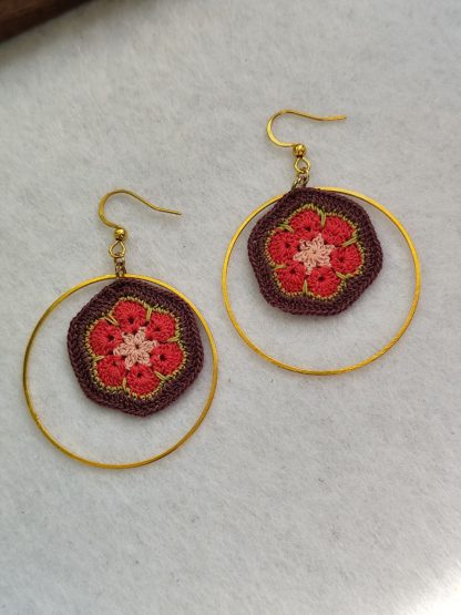 Soda in Spring earrings | Granny Square Hoop Earrings | Handmade Crochet Earrings in Gold Hoops | Retro Boho Statement Jewelry - Image 3