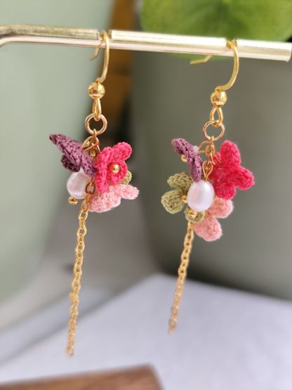 Soda in Spring earrings | Handmade Crochet Flower Dangle Earrings with Pearl and Gold Chain | Whimsical Floral Statement Jewelry