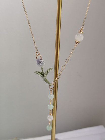 Hand-Dyed Tulip Necklace with Natural Stones | Delicate Crochet Flower Jewelry with Burmese Jade & Angola White Crystal - Image 3
