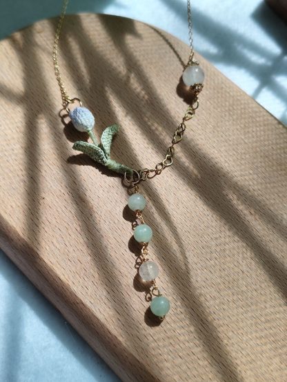 Hand-Dyed Tulip Necklace with Natural Stones | Delicate Crochet Flower Jewelry with Burmese Jade & Angola White Crystal - Image 2