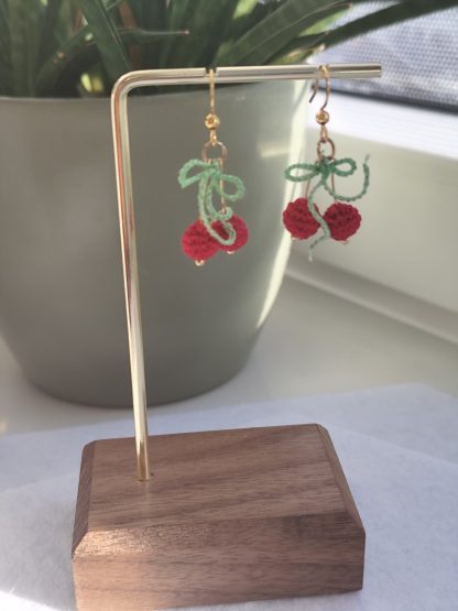 Micro Crocheted Cherry Earrings | Handmade Fruit Jewelry | Dainty Boho Gift for Her | Red Cherry Crochet Accessories - Image 3