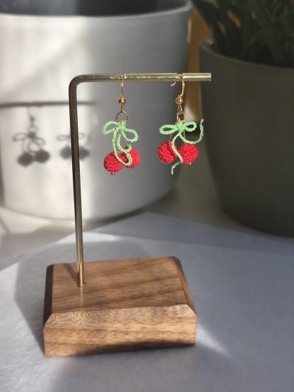 Micro Crocheted Cherry Earrings | Handmade Fruit Jewelry | Dainty Boho Gift for Her | Red Cherry Crochet Accessories - Image 2