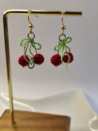 Micro Crocheted Cherry Earrings | Handmade Fruit Jewelry | Dainty Boho Gift for Her | Red Cherry Crochet Accessories