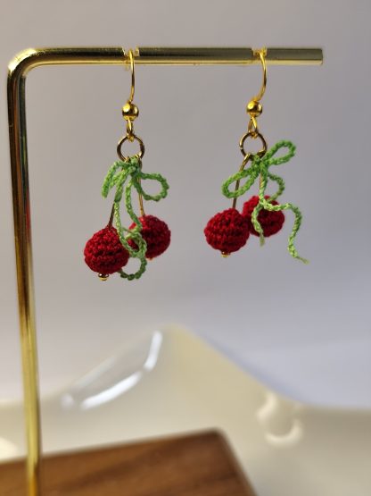 Micro Crocheted Cherry Earrings | Handmade Fruit Jewelry | Dainty Boho Gift for Her | Red Cherry Crochet Accessories - Image 4